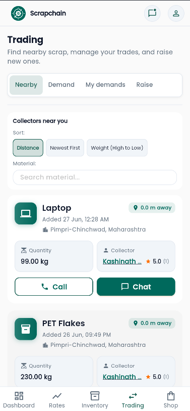 ScrapNetwork app showing nearby scrap trading